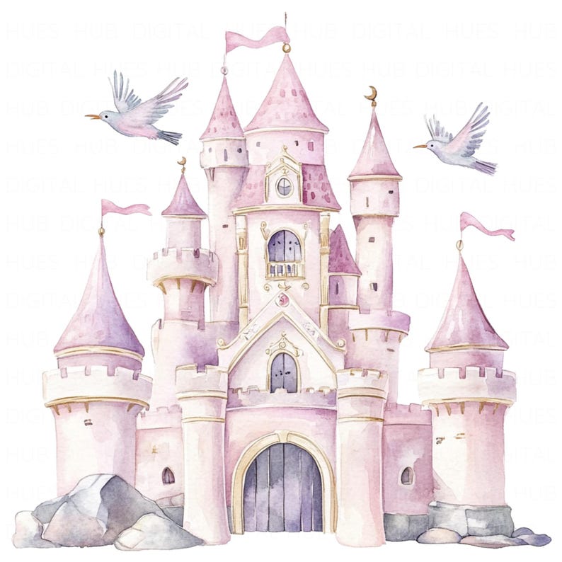 May include: A pink watercolor illustration of a fairytale castle with gold accents and two birds flying above. The castle has multiple towers and a large arched doorway.