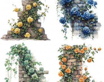 13 Colorido Rosa Tijolo Parede Clipart Aquarela Jardim Clipart Floral Parede Imprimível Alta Qualidade JPEG Junk Journal Scrapbook Papel Artesanato DIY