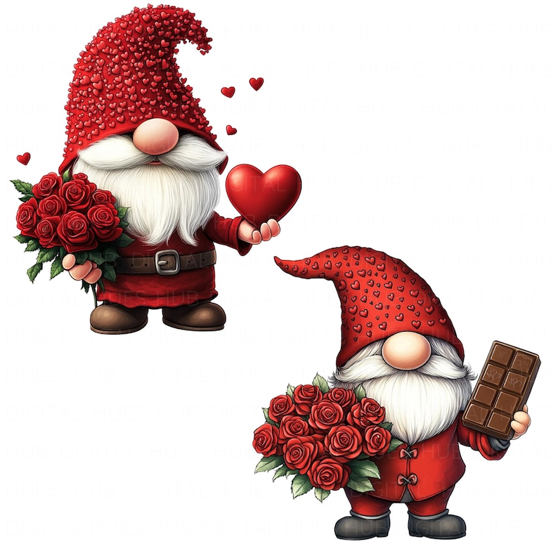 12 Red Valentine Gnome Clipart Watercolor Floral Love Gnome Printable ...