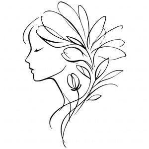 May include: A black and white line drawing of a woman's profile, with closed eyes, and floral elements incorporated into her hair. The artwork features delicate lines and a minimalist aesthetic, suggesting a theme of beauty and nature.