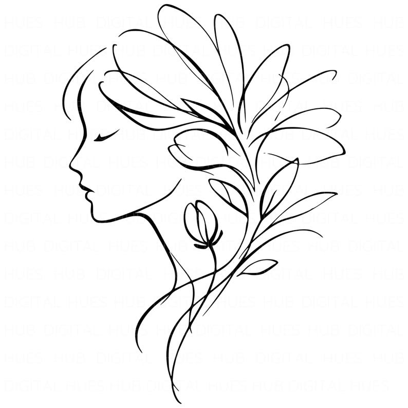 May include: A black and white line drawing of a woman's profile, with closed eyes, and floral elements incorporated into her hair. The artwork features delicate lines and a minimalist aesthetic, suggesting a theme of beauty and nature.