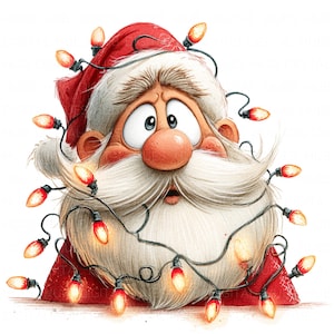 Pode incluir: Ilustração de desenho animado do Papai Noel com uma expressão surpresa, usando um chapéu e barba vermelhos, e envolto em uma corda de luzes de Natal. As luzes são laranja e vermelhas.