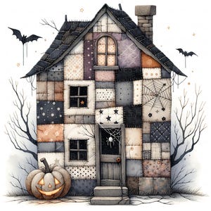 May include: A whimsical Halloween-themed illustration of a patchwork house with a carved pumpkin and bats. The house features a variety of patterned fabric squares in neutral tones, a chimney, and a spiderweb over the door. Bare tree branches frame the house.