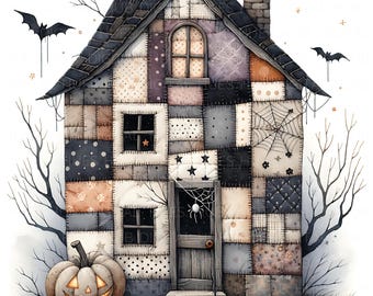 13 patchwork spookhuis clipart: aquarel grillige Halloween Cottagecore JPEG digitale download voor junk Journal, scrapbooking, ambachten