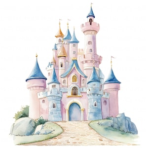 May include: A watercolor painting of a pink and blue fairytale castle with multiple towers and a stone path leading to the front entrance.