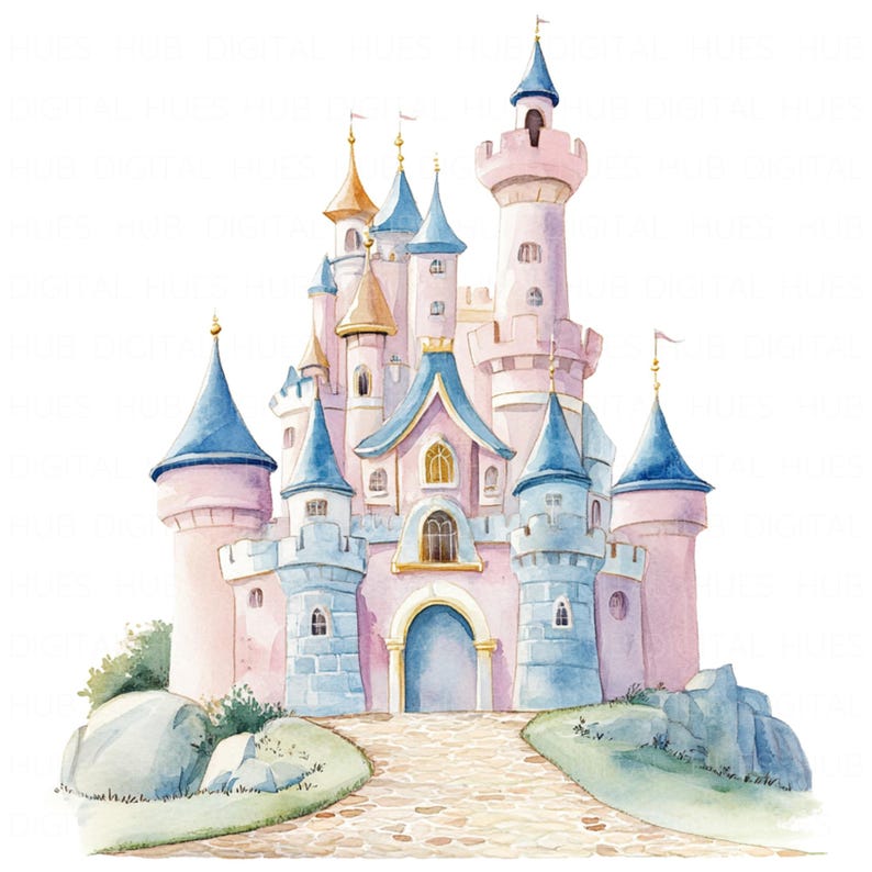 May include: A watercolor painting of a pink and blue fairytale castle with multiple towers and a stone path leading to the front entrance.
