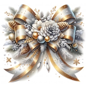Op de afbeelding: Een feestelijke kerststrik met witte en gouden linten, versierd met dennenappels, ballen en bloemmotieven. De strik heeft een gelaagd ontwerp met ingewikkelde details, ideaal voor vakantiedecoraties.
