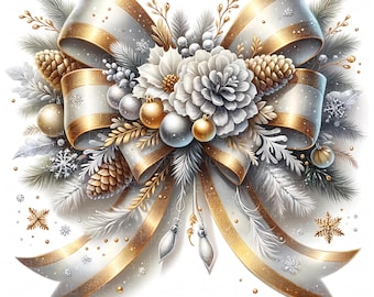 10 Christmas Bow Clipart: Watercolor Coquette Bow JPEG, Gold & Silver Holiday Ribbon Digital Download For Xmas Junk Journal, Cards, Crafts