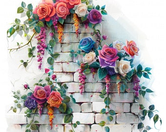 10 Rosa em parede de tijolos brancos Clipart Aquarela Jardim Clipart Floral Parede Imprimível Alta Qualidade JPEG Junk Journal Scrapbook Papel Artesanato DIY