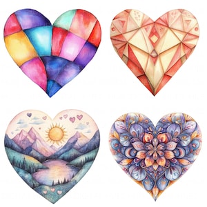17 Padrão de formato de coração Clipart Aquarela Corações imprimíveis PNG de alta qualidade para papel Artesanato Diário Casamento Dia dos Namorados Decoração de berçário Cartão