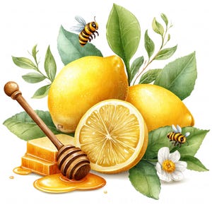 May include: Watercolor illustration of lemons, honey, and bees. The image features three whole lemons and one sliced in half, with honey, a honey dipper, and a honeycomb. Green leaves and two bees are also included.