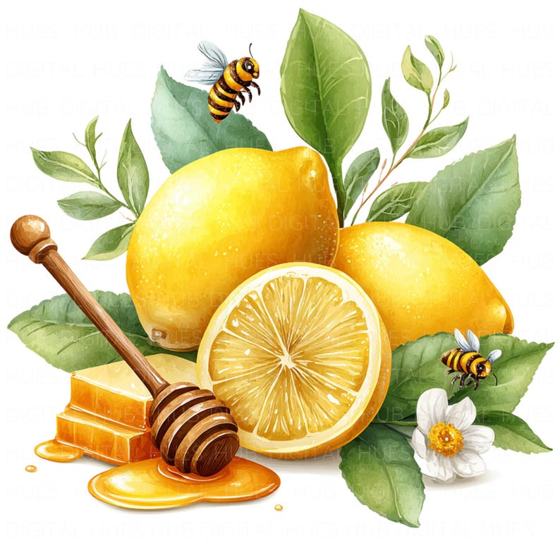 May include: Watercolor illustration of lemons, honey, and bees. The image features three whole lemons and one sliced in half, with honey, a honey dipper, and a honeycomb. Green leaves and two bees are also included.