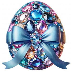 Puede incluir: Un huevo de Pascua cubierto de gemas coloridas, incluyendo tonos rosas, azules y naranjas. Una cinta de satén azul claro está atada alrededor del huevo. Las gemas son de varias formas y tamaños, creando un efecto brillante.