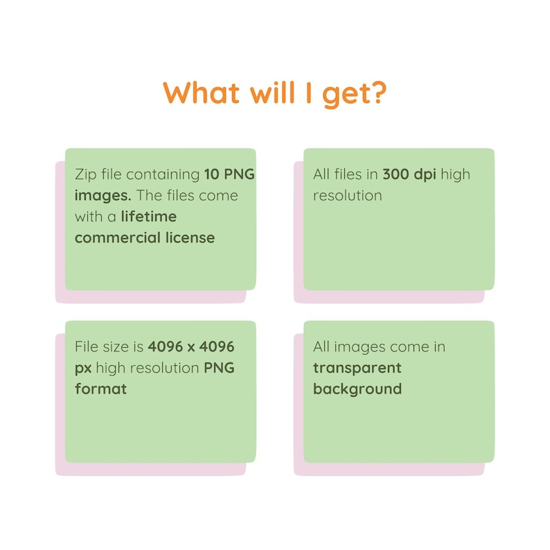 May include: An image with the text "What will I get?" and four green rectangles with text. The text describes a zip file with 10 PNG images, a lifetime commercial license, 300 dpi high resolution, 4096 x 4096 px PNG format, and transparent backgrounds.