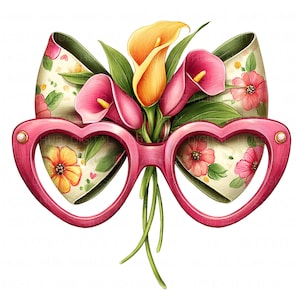 16 Óculos de sol em formato de coração floral clipart aquarela croquete arco óculos de sol para impressão alta qualidade jpeg diário de lixo papel artesanato scrapbook