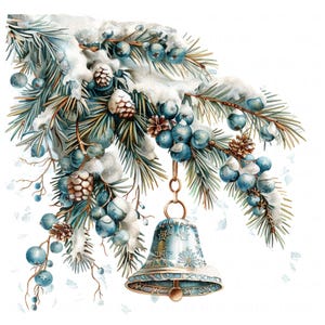 13 campanas navideñas en una rama nevada, clipart, acuarela festiva, imprimible, alta calidad, JPEG, para diarios basura, manualidades de papel, álbumes de recortes, bricolaje