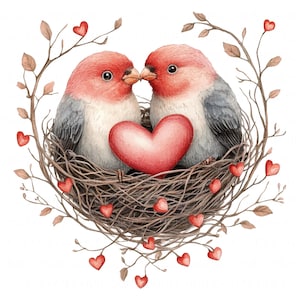 11 Clipart couple d'oiseaux romantiques, aquarelle, oiseaux d'amour, nid d'oiseaux imprimable haute qualité au format JPEG pour journal d'artisanat en papier, Saint-Valentin, bricolage