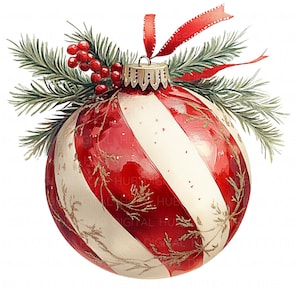 10 boules de Noël rouges et blanches Clipart aquarelle boule de Noël imprimable haute qualité JPEG pour carnet de voyage papier artisanat scrapbooking cartes bricolage