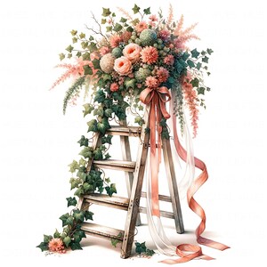 10 escaleras de madera vintage, imágenes prediseñadas, acuarela, herramientas de jardín, escalera de jardín floral, imprimible, alta calidad, JPG, diario basura, álbum de recortes, papel, manualidades