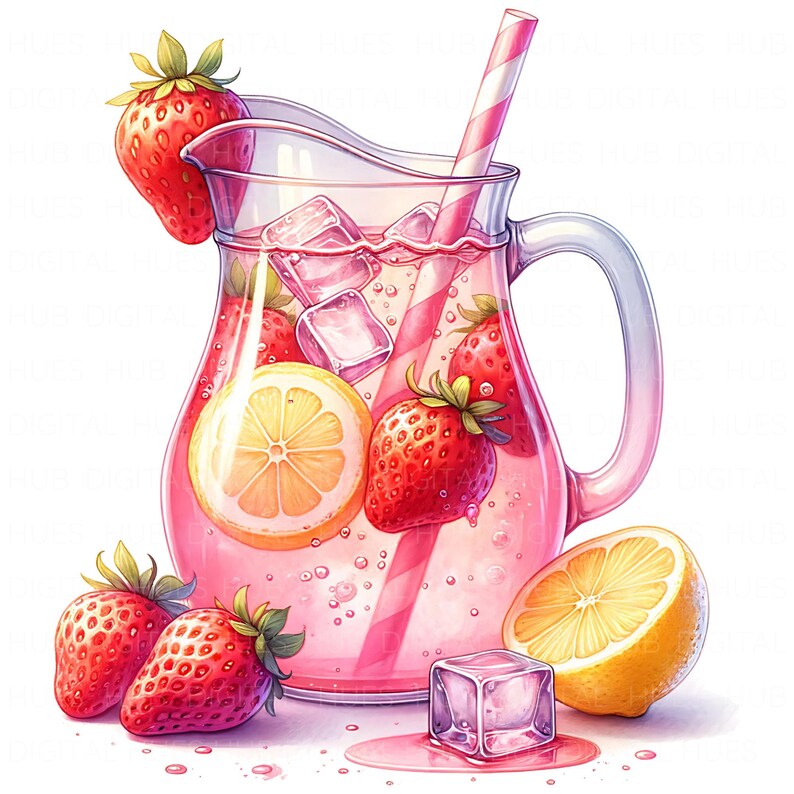 May include: A watercolor illustration of a pitcher filled with pink lemonade, ice cubes, strawberries, and lemon slices. A pink and white striped straw is in the pitcher. Several strawberries and a lemon half are placed around the pitcher.