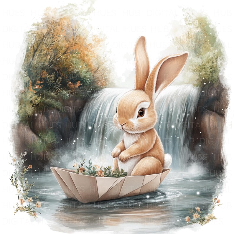 Scenery Waterfall With Rabbit 12 Cute Baby Bunny on Boat Clipart Watercolor Bunny Rabbit Nursery ...