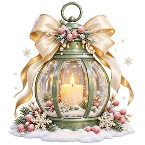 May include: A sage green lantern with a glass globe containing a lit pillar candle. The lantern is decorated with a large cream-colored satin bow, pink berries, green pine needles, and white snowflake ornaments, all resting on a snowy base.