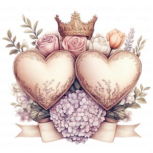 16 twee Valentijn harten kroon clipart aquarel bloemen hart afdrukbare hoge kwaliteit JPEG voor papieren ambachtelijke dagboek Valentijnsdag trouwkaart
