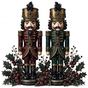 May include: Two nutcracker figures standing side by side, one in a deep red uniform and the other in a dark green uniform. Both wear ornate gold hats with black feathers, black belts, and gold trim, surrounded by dark green holly leaves and berries.