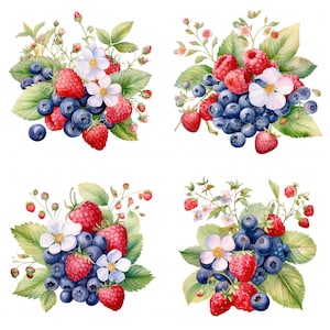 Paquete de 10 imágenes prediseñadas de bayas de verano, imágenes prediseñadas de frutas silvestres de acuarela, imágenes prediseñadas JPEG de alta calidad para imprimir en papel para álbumes de recortes, diarios basura y manualidades