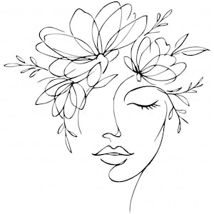 May include: Black and white line art illustration of a woman's face with closed eyes, adorned with floral and leaf elements. The minimalist design features delicate lines, creating a serene and elegant aesthetic.