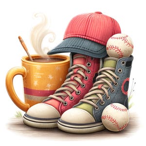 May include: A pair of colorful sneakers with red and blue laces, a red baseball cap, and two baseballs. A mug of hot chocolate with steam rising from it is in the background.