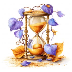 Op de afbeelding: Een gouden zandloper met zand dat erdoorheen stroomt, omringd door paarse en oranje bladeren. De zandloper is geplaatst tegen een witte achtergrond.