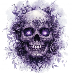 12 fleurs violettes tête de mort Clipart aquarelle effrayant tête de mort Rose squelette haute qualité JPEG imprimable pour scrapbooking journaux indésirables papier artisanat bricolage