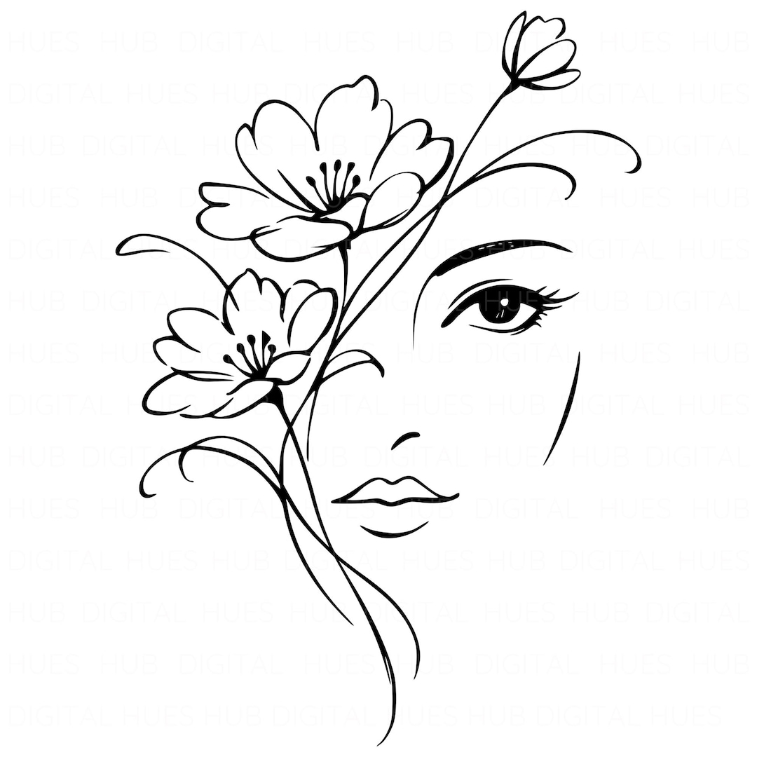 10 Floral Woman Face Clipart: Watercolor Abstract Face PNG, Delicate Line Art Digital Down