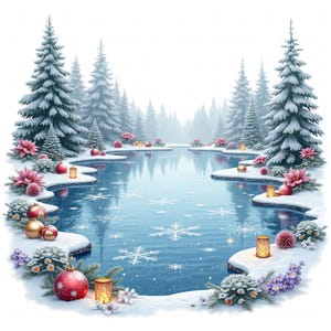 Könnte beinhalten: Winterliche Szene mit einem zugefrorenen See, umgeben von schneebedeckten Tannen. Die Oberfläche des Sees weist Schneeflockenmuster auf. Rote und goldene Ornamente, Kerzen und rosa Blumen schmücken die schneebedeckten Ufer und schaffen eine festliche Atmosphäre.