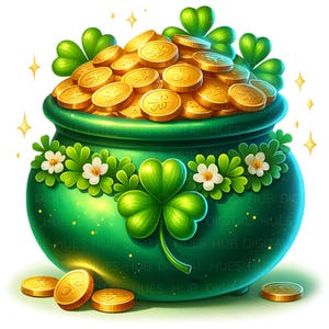 May include: A digital illustration of a green pot overflowing with gold coins, clover leaves, and small white flowers. The pot has a shamrock design on the front and is surrounded by gold coins and sparkling stars, perfect for St. Patrick's Day.