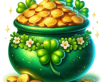 10 Saint Patrick’s Day Pot of Gold Clipart: Watercolor Four Leaf Clover PNG, Lucky Shamrock Digital Download For Junk Journal, Cards, Decor