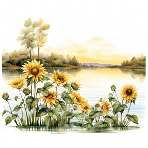 Paquete de 12 imágenes prediseñadas de estanque de girasoles, imágenes prediseñadas de estanque de jardín de acuarela, imágenes prediseñadas JPEG de alta calidad para imprimir en álbumes de recortes, diarios basura, manualidades de papel, tarjetas, bricolaje