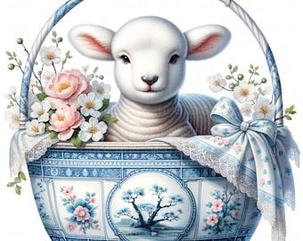 11 Chinoiserie Easter Lamb Basket Clipart: Watercolor Grandmillennial JPEG, Farm Animal Digital Download For Junk Journal, Cards & Nursery