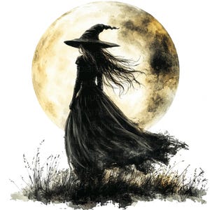 May include: Silhouette of a witch in a black dress and pointed hat, walking away from a large, full moon with a watercolor background.