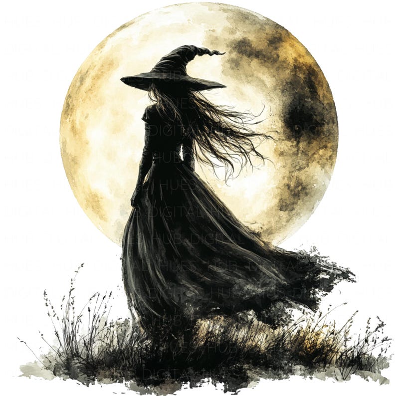May include: Silhouette of a witch in a black dress and pointed hat, walking away from a large, full moon with a watercolor background.