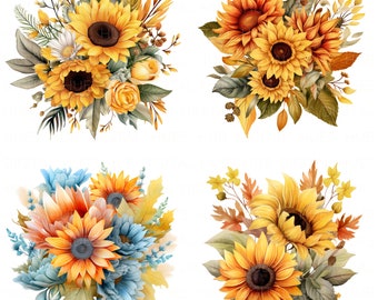 Juego de 14 ramos de girasoles, 2 imágenes prediseñadas, acuarela, girasol, imprimible, alta calidad, JPEG, diario basura, papel, manualidades, álbum de recortes, invitación de boda