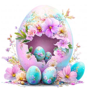May include: A large pink and blue Easter egg with a crack revealing smaller blue eggs decorated with floral patterns. The egg is surrounded by pink and white flowers.