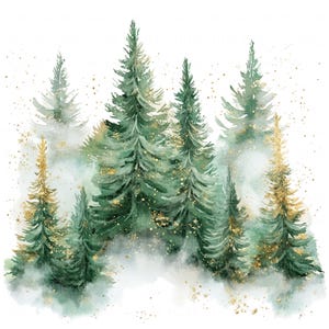 Puede incluir: Pintura a la acuarela de una escena de bosque con árboles de hoja perenne en tonos verdes y dorados. Los árboles están dispuestos en un grupo, algunos parcialmente oscurecidos por un fondo blanco brumoso. Los acentos de purpurina dorada añaden un toque de brillo.