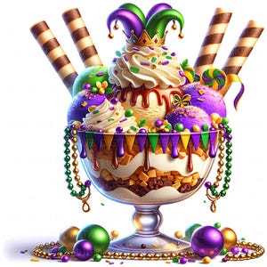 May include: A colourful dessert sundae in a glass bowl, with layers of ice cream, whipped cream, and sweets. The sundae is decorated with a jester's hat, gold and green beads, and wafer sticks. Sprinkles and candies add to the celebratory theme.