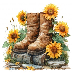 10 Girassóis em Botas Velhas Clipart Aquarela Floral Jardim Botas Imprimível Alta Qualidade JPEG Para Scrapbook Junk Journal Papel Artesanal Cartão