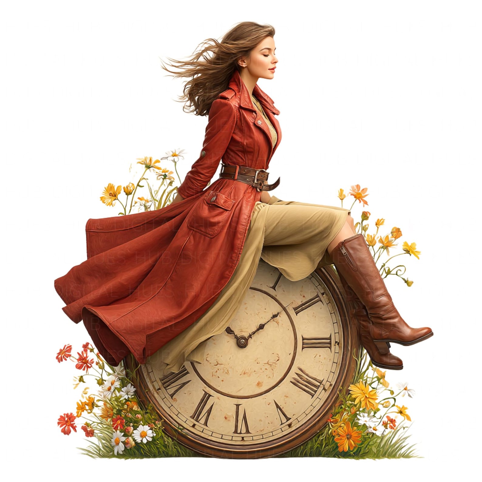 14 Woman and Vintage Clock Clipart Watercolor Fashion Woman Clock Timer ...