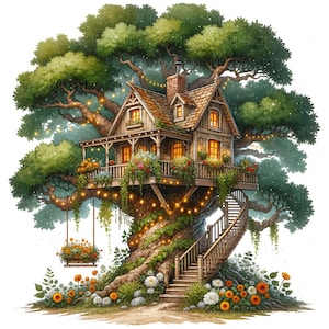 11 Clipart di case sull'albero, acquerello, antica quercia, vecchia casa sull'albero, cottagecore, stampabile, alta qualità, JPEG, carta per scrapbooking, diario di rifiuti