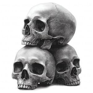 10 noir blanc tête de mort pile Clipart aquarelle squelette humain pyramide tête de mort haute qualité JPEG scrapbooking imprimable Junk Journal artisanat en papier