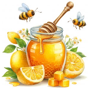 May include: Watercolor illustration of a jar of honey with a wooden honey dipper, surrounded by lemons, bees, and honey candies. The honey is dripping from the jar. The image has a bright, cheerful aesthetic.